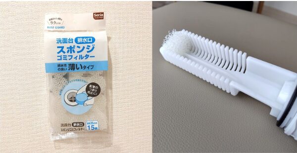 100均セリアのスポンジゴミフィルター(左)と
ROROの排水フィルターにスポンジを取付(右)