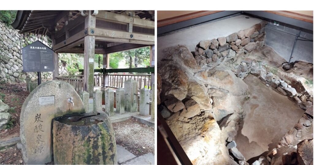 左の写真（炭酸泉源）
有馬温泉・炭酸源泉公園にある「炭酸泉源」と刻まれた石造りの飲泉所。木造の屋根の下に石の台座と蛇口が設置されており、源泉をそのまま飲むことができる。

右の写真（太閤の湯殿館）
太閤の湯殿館に展示されている、豊臣秀吉が作らせた湯殿の石組み遺跡。発掘された当時の石積みが保存・展示されており、スポットライトで照らされている。