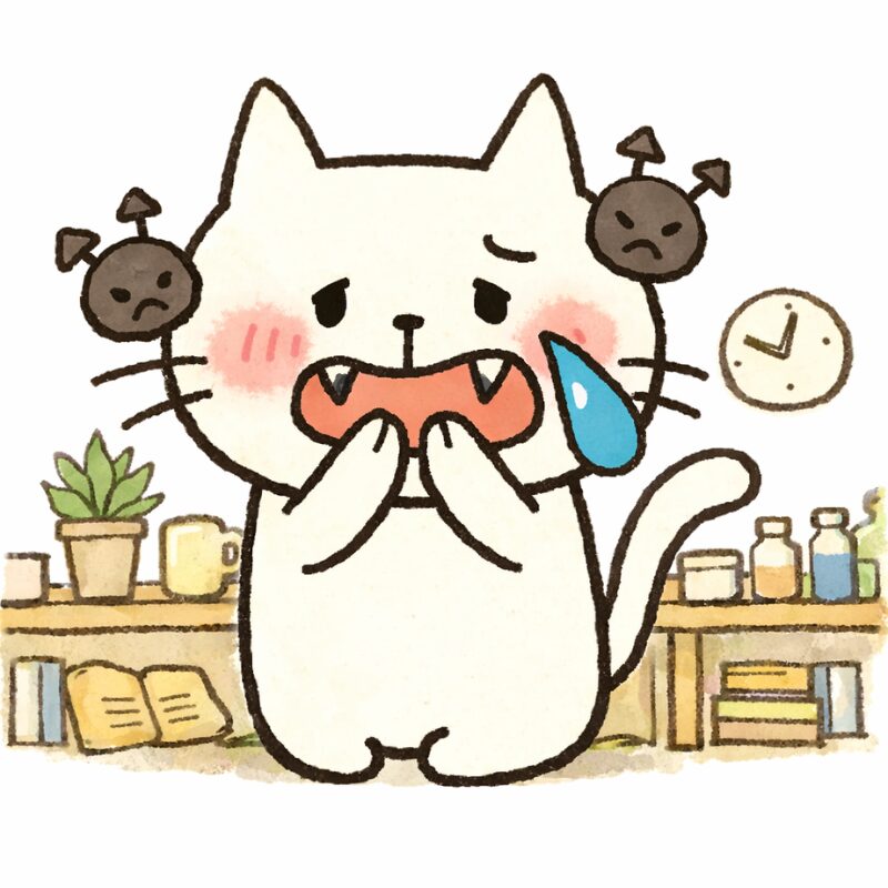 虫歯の痛みに悩む白猫のイラスト。両側に悪い菌のキャラクターが描かれている。
